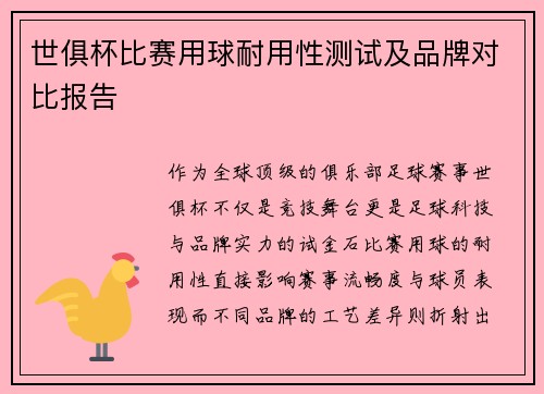 世俱杯比赛用球耐用性测试及品牌对比报告